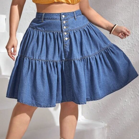 BLUE BUTTON FLY RUFFLE HEM TIERED MINI DENIM SKIRT ASIAN 4XL US 20 - Picture 2 of 5